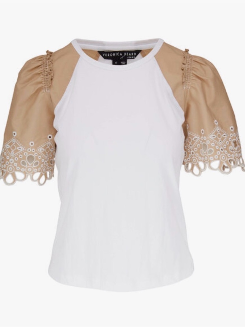Veronica Beard Briana white light khaki tee with Tan Eyelet Puff Sleeves